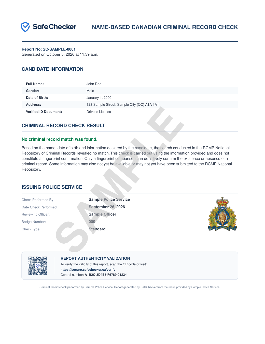 Sample criminal record check report